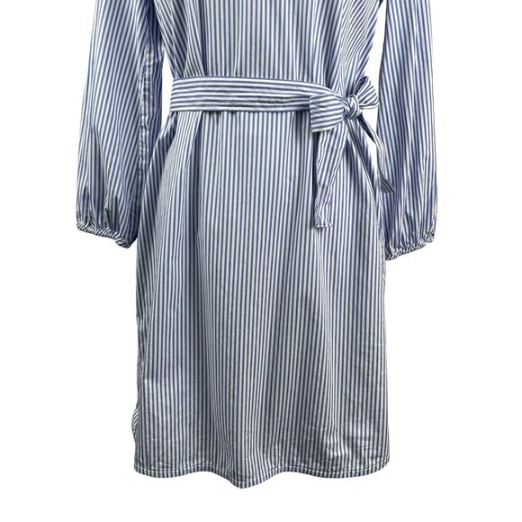 J. Crew Women's Dress Small Blue Striped Tie Waist Poplin V Neck Long Sleeve - Picture 3 of 10
